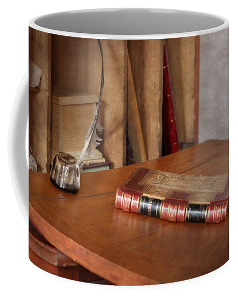Red Book Coffee Mug featuring the photograph Old Fashioned Desk with Antique Book and Quill Photograph by Colleen Cornelius