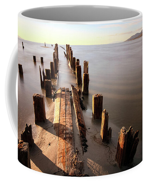 Utah; Abstract; Landscape; Great Salt Lake; Sunset; Salt; Orange; Pink; Red; Lake; Water; Reflection; Waves Coffee Mug featuring the photograph Old Floating Pier Sunset by Brett Pelletier