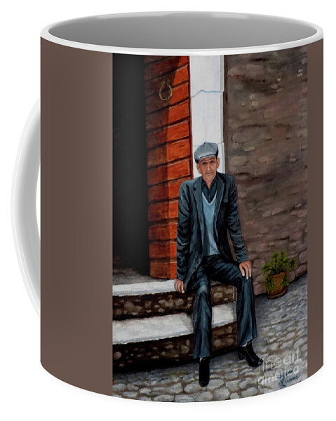 Old Man Coffee Mug featuring the painting Old Man Waiting by Judy Kirouac
