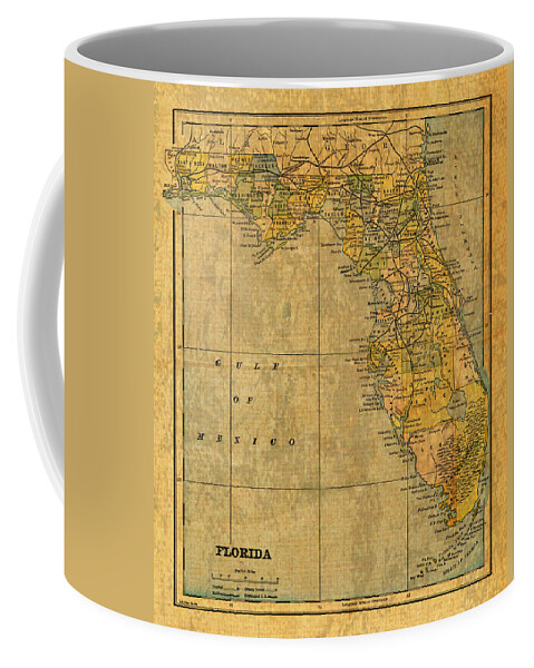 Old Coffee Mug featuring the mixed media Old Map of Florida Vintage Circa 1893 on Worn Distressed Parchment by Design Turnpike