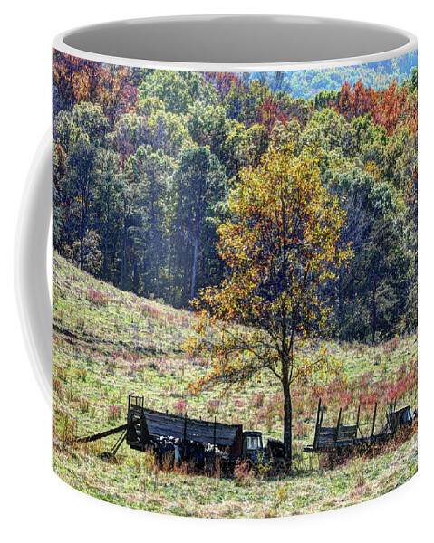 Old Trucks In The Meadows Coffee Mug featuring the photograph Old Trucks in the Field by Savannah Gibbs