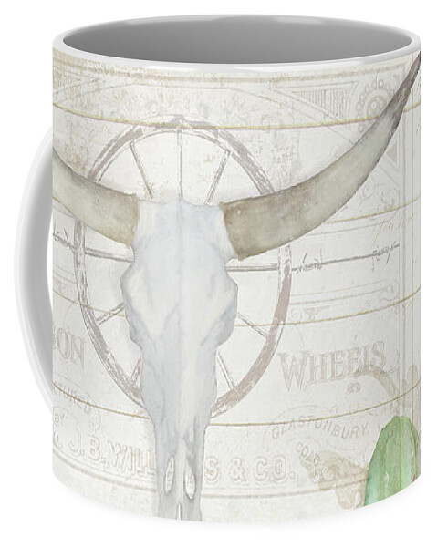 Longhorn Cow Skull Coffee Mug featuring the painting Old West Cactus Garden w Longhorn Cow Skull n Succulents over Wood by Audrey Jeanne Roberts