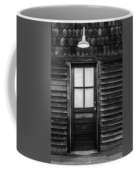 Terry D Photography Coffee Mug featuring the photograph Old Wood Door and Light Black and White by Terry DeLuco
