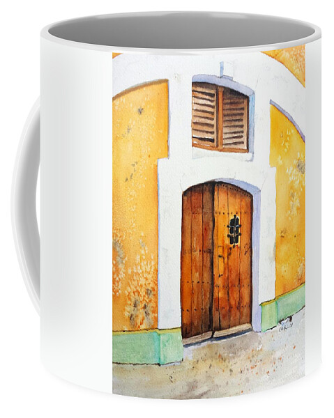 Door Coffee Mug featuring the painting Old Wood Door Arch and Shutters by Carlin Blahnik CarlinArtWatercolor