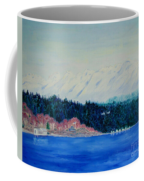 Mountains Coffee Mug featuring the painting Olympic Mt and Pugent Sound by Lisa Rose Musselwhite
