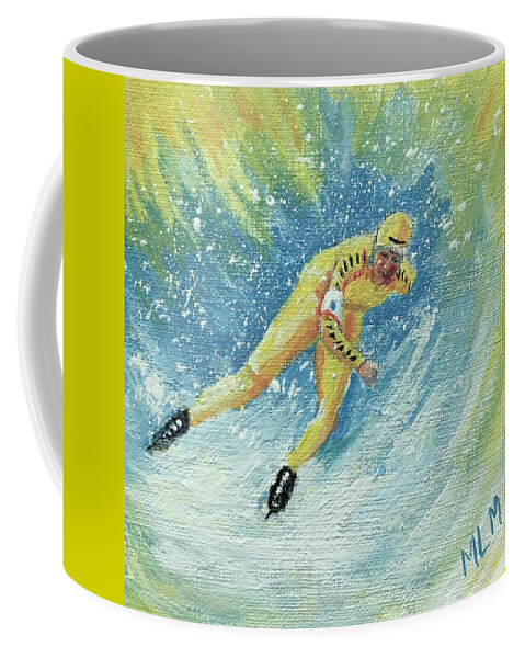 Yellow Coffee Mug featuring the painting Olympic Speed Skater by ML McCormick