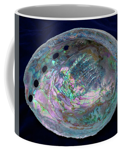 Abalone Coffee Mug featuring the photograph Opalescent Abalone Seashell on Blue Velvet by Kathy Anselmo