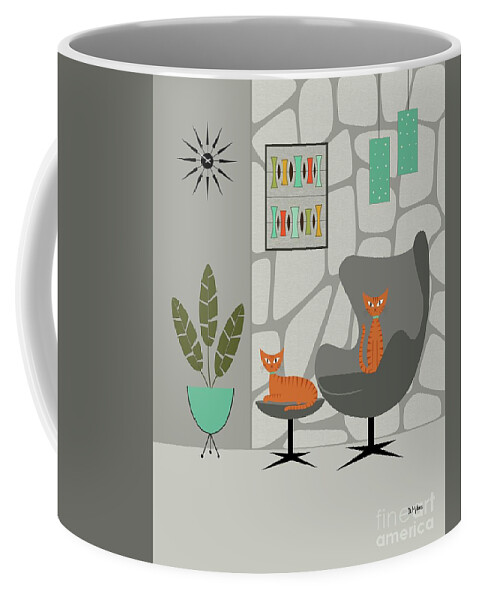 Mid Century Modern Coffee Mug featuring the digital art Orange Cat in Gray Stone Wall by Donna Mibus