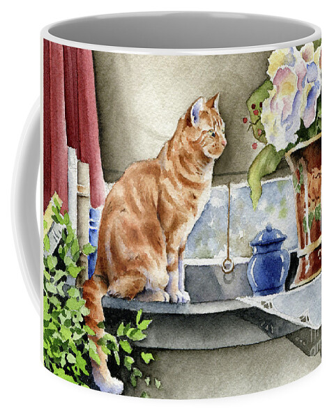 Orange Coffee Mug featuring the painting Orange Tabby Cat at the Window by David Rogers