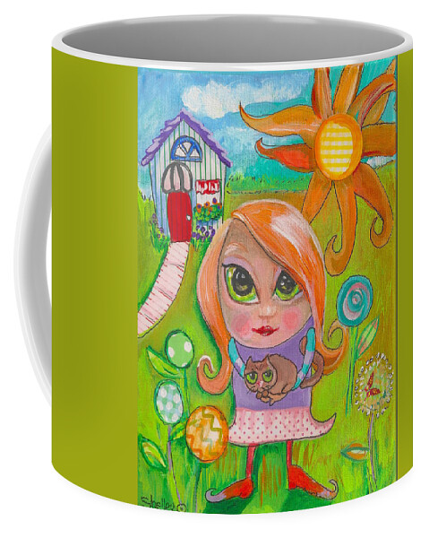Acrylic Coffee Mug featuring the painting Original Art Girl and The Cat -with flowers by Shelley Overton