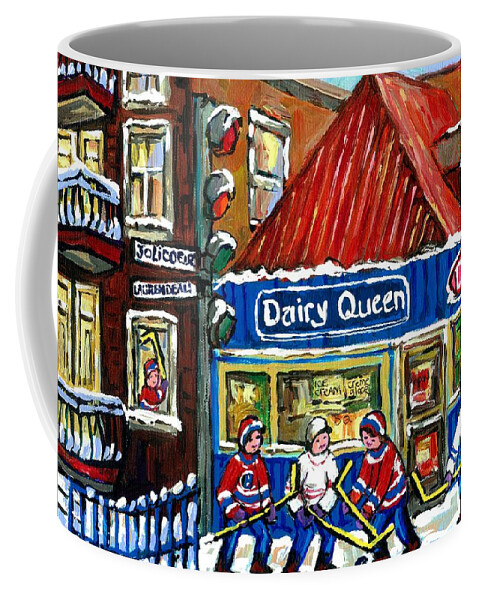 Dairy Queen Coffee Mug featuring the painting Original Canadian Hockey Art Paintings For Sale Snowfall At Dairy Queen Ville Emard Montreal Winter by Carole Spandau