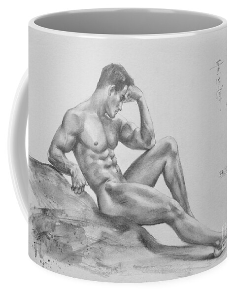 Drawing Coffee Mug featuring the drawing Original Charcoal Drawing Art Male Nude On Paper #16-3-11-35 by Hongtao Huang