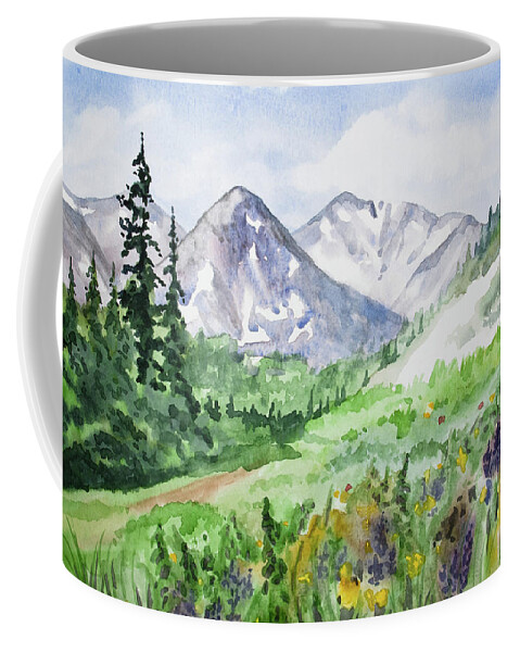 Colorado Coffee Mug featuring the painting Original Watercolor - Colorado Mountains and Flowers by Cascade Colors