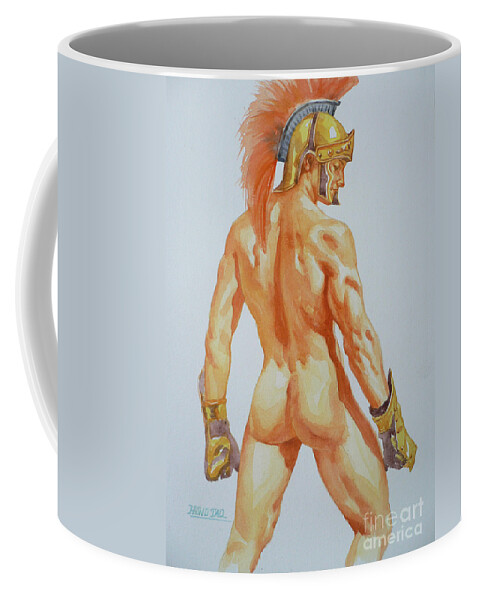 Original Art Coffee Mug featuring the painting Original Watercolor Painting Art Male Nude Men Gay Interest General War On Paper #12-09-03 by Hongtao Huang