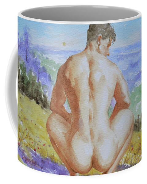 Watercolour Painting Coffee Mug featuring the drawing Original Watercolour Male Nude Men Outdoor On Paper#16-11-2 by Hongtao Huang