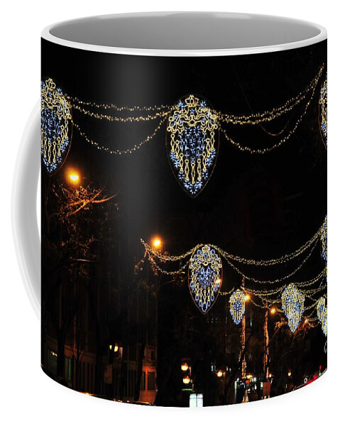 Greeting Coffee Mug featuring the photograph Ornamental design Christmas light decoration in Madrid, Spain by Akshay Thaker