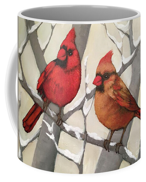 Bird Coffee Mug featuring the painting Our visitors cadinals by Inese Poga