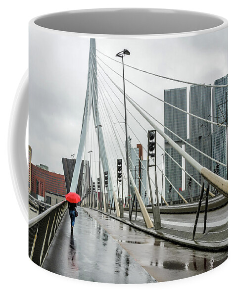 Rotterdam Coffee Mug featuring the photograph Over the Erasmus Bridge in Rotterdam with red umbrella by RicardMN Photography