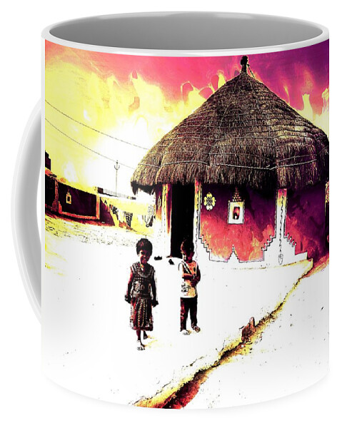 Cowdung Coffee Mug featuring the photograph Painted Houses Cowdung Mud Round Huts Kids India Rajasthan 1b by Sue Jacobi