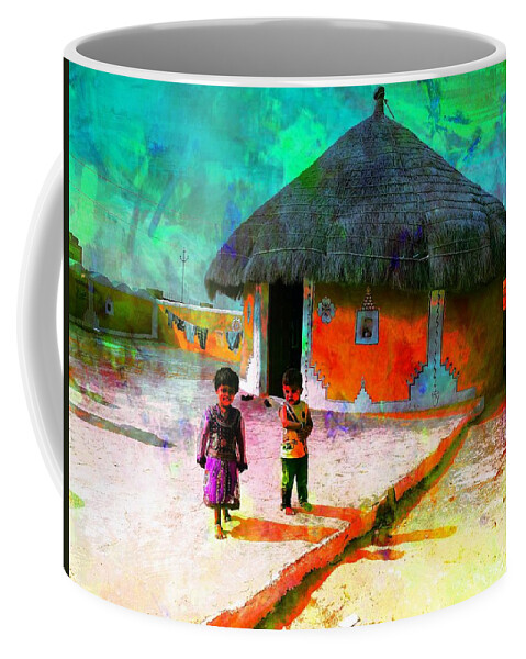 Cowdung Coffee Mug featuring the photograph Painted Houses Cowdung Mud Round Huts Kids India Rajasthan 1c by Sue Jacobi