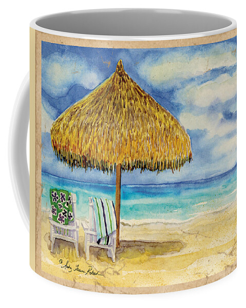 Palappa Coffee Mug featuring the painting Palappa n Adirondack Chairs on the Mexican Shore by Audrey Jeanne Roberts