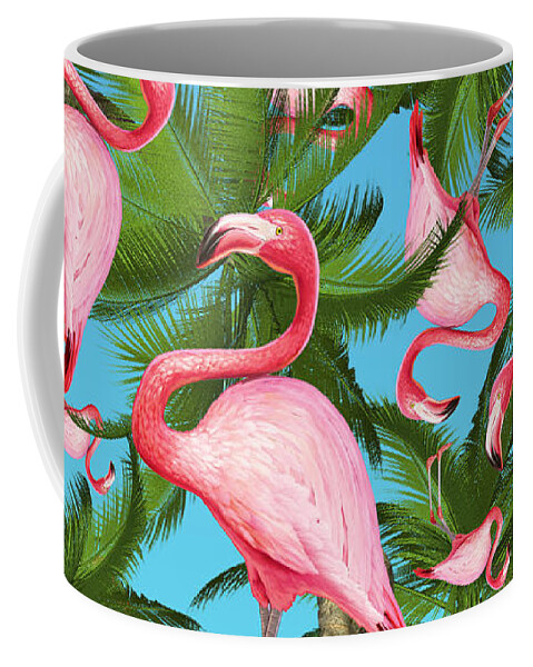  Summer Coffee Mug featuring the digital art Palm tree and flamingos by Mark Ashkenazi