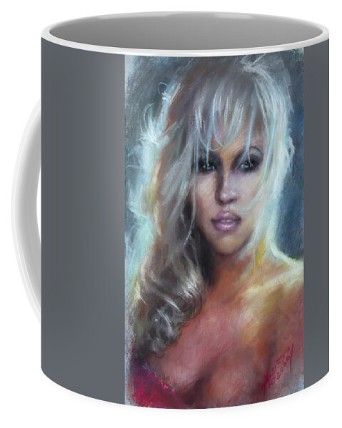 Pamela Anderson Coffee Mug featuring the pastel Pamela Anderson by Ylli Haruni