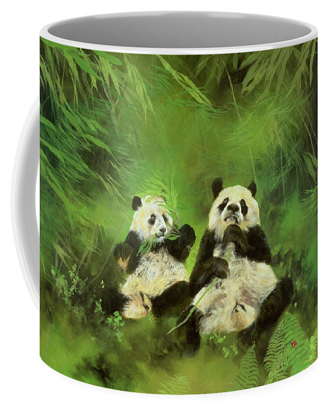 Panda; Wildlife; Eating; Bears; Pandas; Grass; Grassy; Bush; Bushes; Tree; Trees; Sitting; Ladybug; Hungry Coffee Mug featuring the painting Pandas by Odile Kidd 