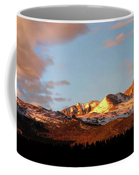 Longs Peak Coffee Mug featuring the photograph Panorama View of Longs Peak at sunrise by Ronda Kimbrow
