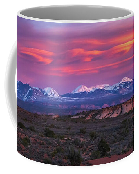 Sunset Coffee Mug featuring the photograph Panoramic View of a magnificent Sunset in Arches National Park by Ami Parikh