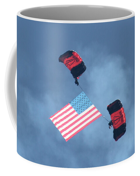 United States Coffee Mug featuring the photograph Parachuting With Our US Flag by Robert Banach
