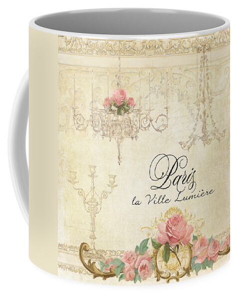 Antique Parchment Coffee Mug featuring the painting Parchment Paris - City of Light Chandelier Candelabra Chalk Roses by Audrey Jeanne Roberts