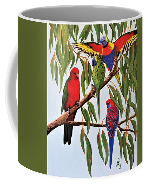Acrylic Coffee Mug featuring the painting Parrot Medley by Anne Gardner