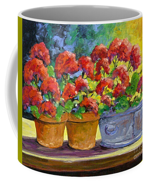 Still Life; Geraniums; Flowers; Terra Cotta; Red; Blue; Yellow; Green; Pranke; Coffee Mug featuring the painting Passion In Red by Richard T Pranke