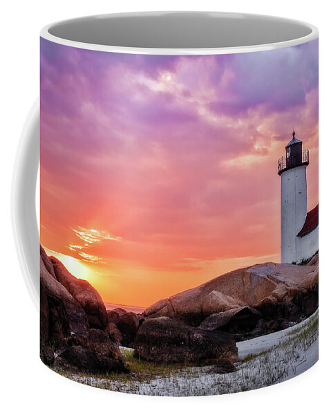 Annisquam Lighthouse Coffee Mug featuring the photograph Pastel Sunset, Annisquam Lighthouse by Michael Hubley