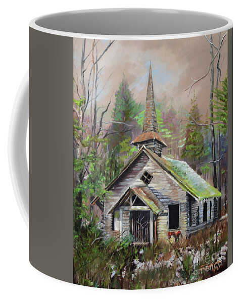 Church Coffee Mug featuring the painting Patiently Waiting - Church Abandoned-signed by Jan Dappen