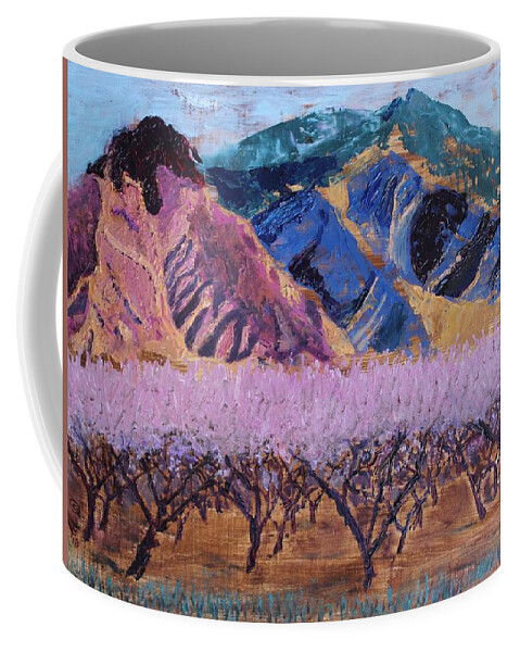 Mountain Coffee Mug featuring the painting Peach Orchard Canigou by Vera Smith