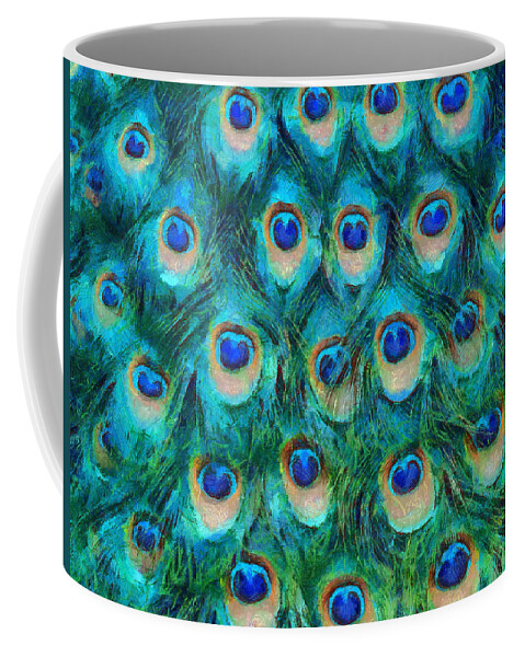 Peacock Coffee Mug featuring the mixed media Peacock Feathers by Nikki Marie Smith