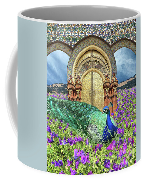 Peacock Coffee Mug featuring the digital art Peacock Gate by Lucy Arnold