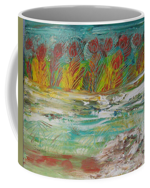 Abstract Coffee Mug featuring the painting Peacock trees at the lake by Sima Amid Wewetzer