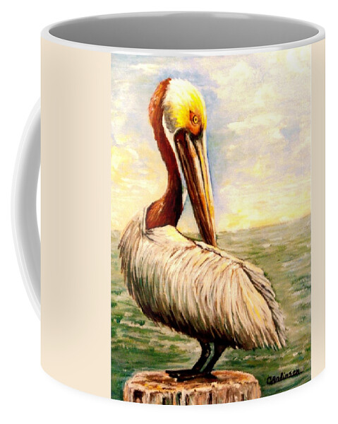 Pelican Coffee Mug featuring the painting Pelican at rest by Carol Allen Anfinsen