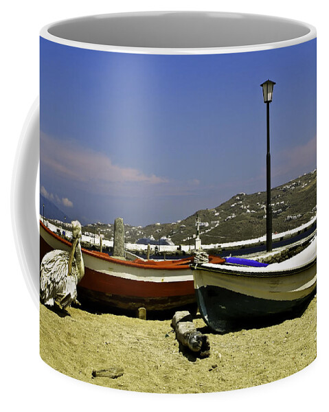 Pelican Coffee Mug featuring the photograph Pelican in Mykonos by Madeline Ellis