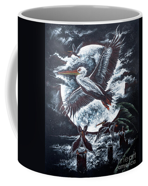 Pelicans Coffee Mug featuring the drawing Pelican Moon by Scott and Dixie Wiley
