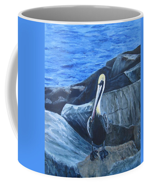 Pelican Coffee Mug featuring the painting Pelican On The Rocks by Paula Pagliughi