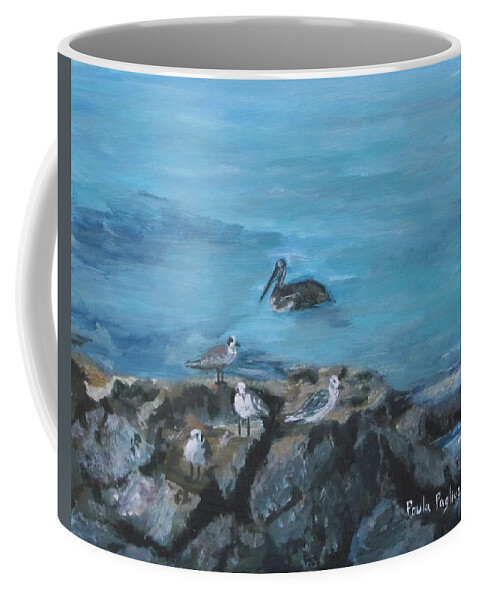 Pelican Coffee Mug featuring the painting Pelican Patrol by Paula Pagliughi