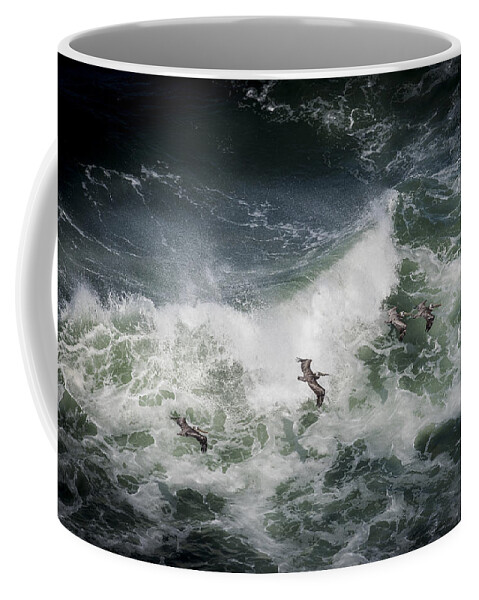 Birds Coffee Mug featuring the photograph Pelicans and Surf by Robert Potts