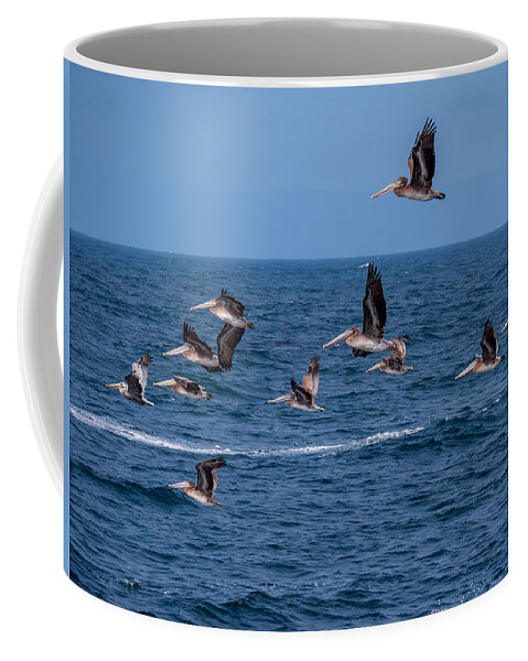 Pelicans Coffee Mug featuring the photograph Pelicans Fly Over the Water by Derek Dean