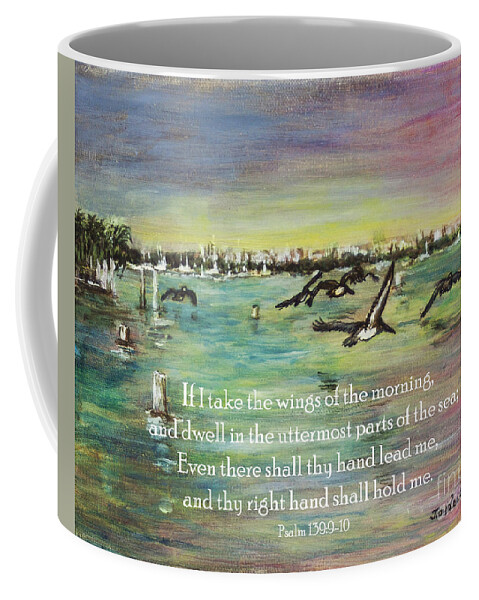 Inspirational Coffee Mug featuring the digital art Pelicans Fly Psalm 139 by Janis Lee Colon