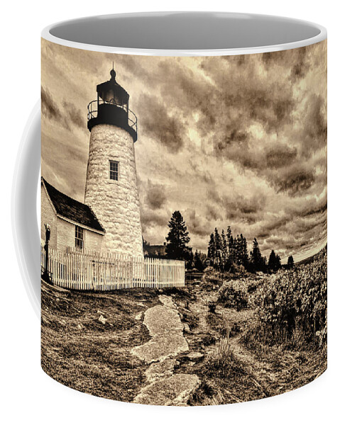Lighthouse Coffee Mug featuring the photograph Pemaquid Point Lighthouse Stormy Autumn day Sepia Antique distressed by David Smith