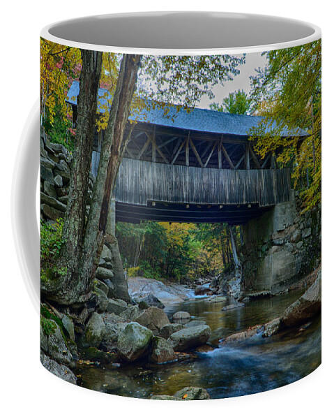 Flume Gorge Covered Bridge Coffee Mug featuring the photograph Pemigewasset River under the Flume Gorge covered bridge by Jeff Folger